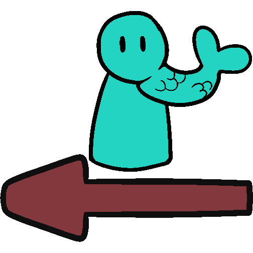 A cyan figure with a fish tail standing over a red arrow pointing left.